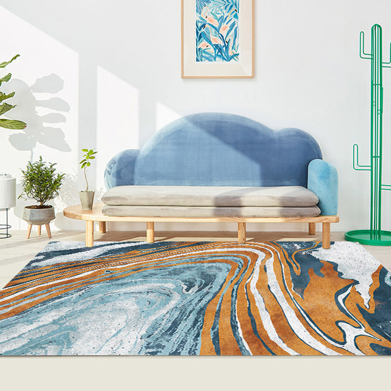 Stylischer Modernismus Teppich Mehrfarbig Aquarell und Wirbel gestreiftes Muster Teppich Haustierfreundlich Rutschfest Waschbarer Teppich für Dekoration