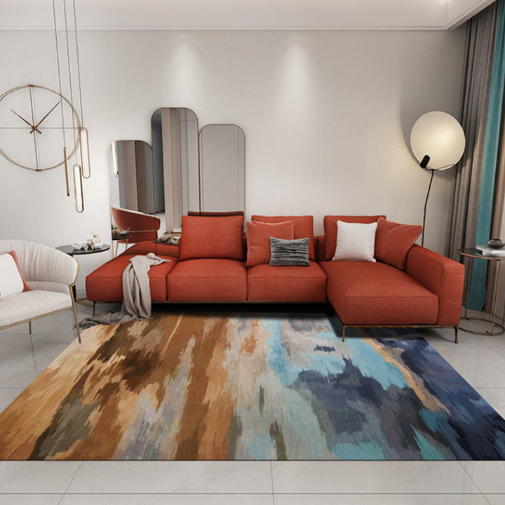Stylischer Modernismus Teppich Mehrfarbig Aquarell und Wirbel gestreiftes Muster Teppich Haustierfreundlich Rutschfest Waschbarer Teppich für Dekoration