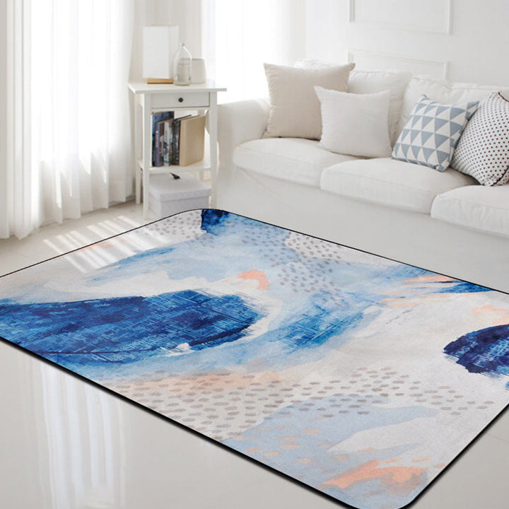 Einzigartiger Pinselstrich-Musterteppich Blau Zeitgenössischer Teppich Polyester Haustierfreundlich Rutschfester Rücken Waschbarer Teppich für das Wohnzimmer