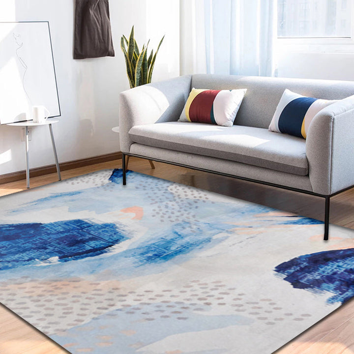Einzigartiger Pinselstrich-Musterteppich Blau Zeitgenössischer Teppich Polyester Haustierfreundlich Rutschfester Rücken Waschbarer Teppich für das Wohnzimmer