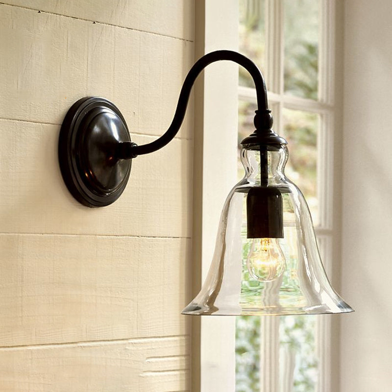 Vintage Gänsehalsschräge Wandmontage Licht Einzel-Glühbirne Transparent Flared Glas Wandbeleuchtung in Schwarz