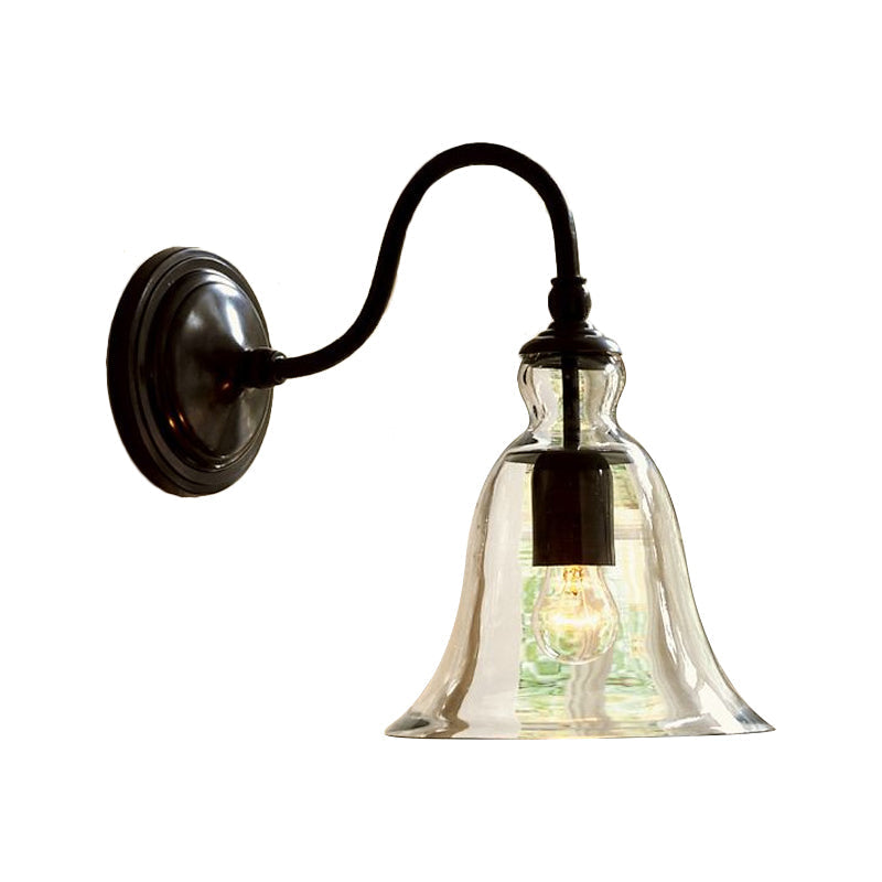 Vintage Gänsehalsschräge Wandmontage Licht Einzel-Glühbirne Transparent Flared Glas Wandbeleuchtung in Schwarz