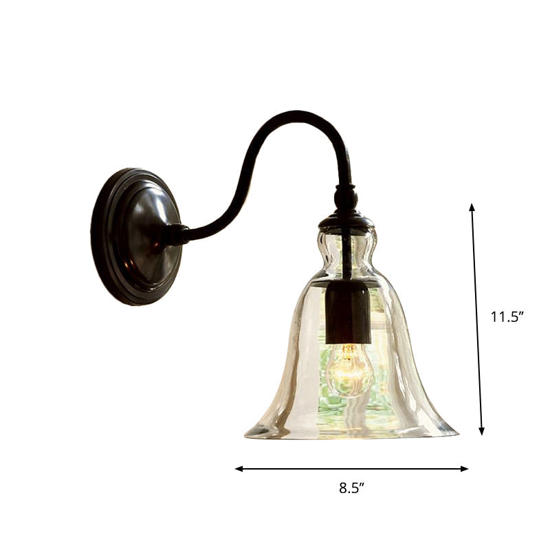 Vintage Gänsehalsschräge Wandmontage Licht Einzel-Glühbirne Transparent Flared Glas Wandbeleuchtung in Schwarz