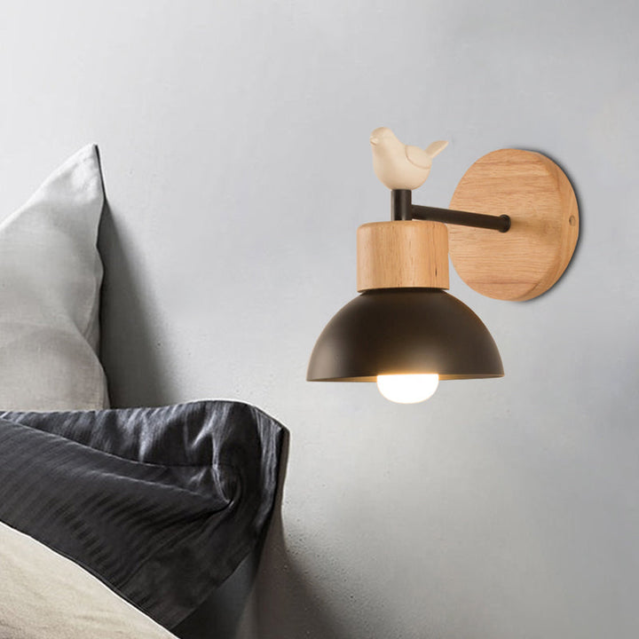Nordic Style Wandleuchte Kuppel 1 Glühbirne Metall & Holz Wandlicht mit Vogel für Kinderzimmer