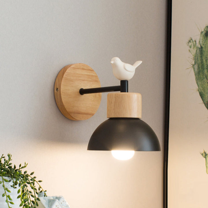 Nordic Style Wandleuchte Kuppel 1 Glühbirne Metall & Holz Wandlicht mit Vogel für Kinderzimmer