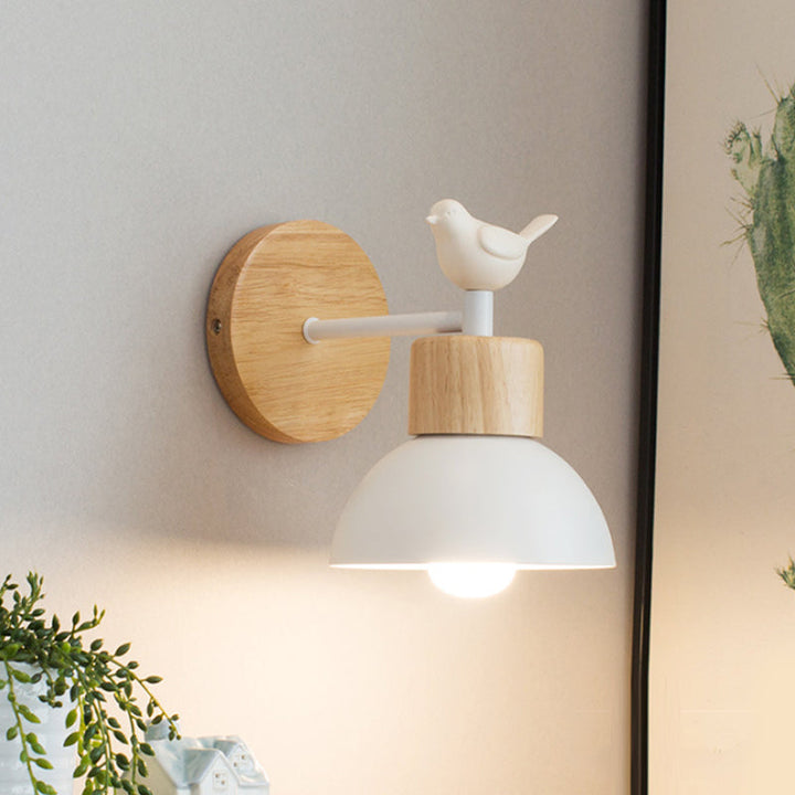 Nordic Style Wandleuchte Kuppel 1 Glühbirne Metall & Holz Wandlicht mit Vogel für Kinderzimmer