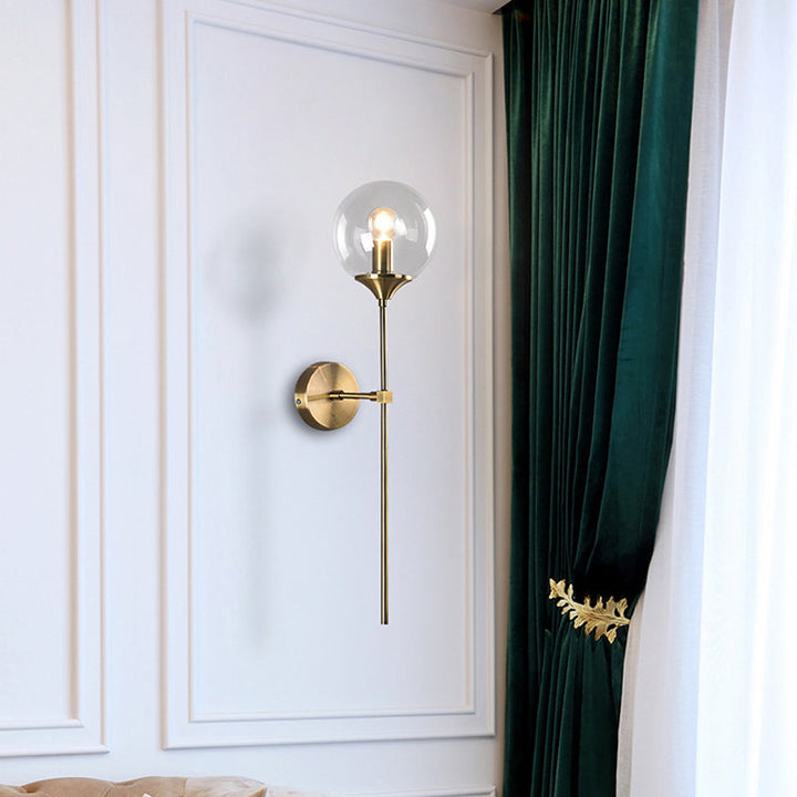 Ball Shade Stift-Arm Wandbeleuchtung Postmodern Klar/Amber/Rauchgrau Glas Einzelne Messing Wandmontierte Lampe