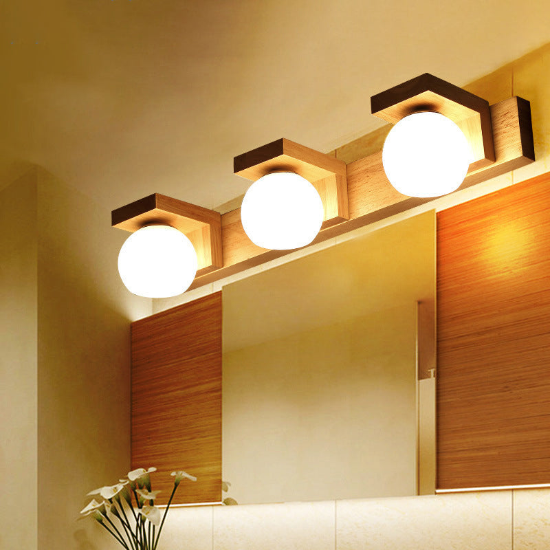 Lineare Badezimmer-Wandlampe Holz 2/3 Köpfe Nordic Wandmontage Lampe mit Ball Opalglas-Schirm