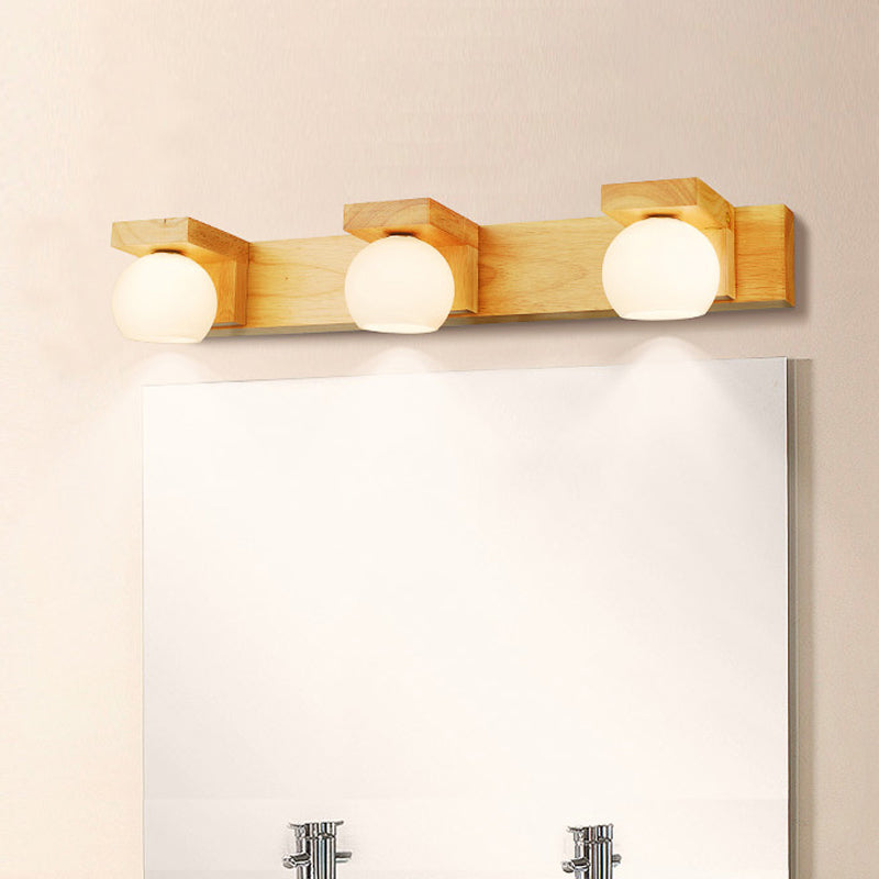 Lineare Badezimmer-Wandlampe Holz 2/3 Köpfe Nordic Wandmontage Lampe mit Ball Opalglas-Schirm