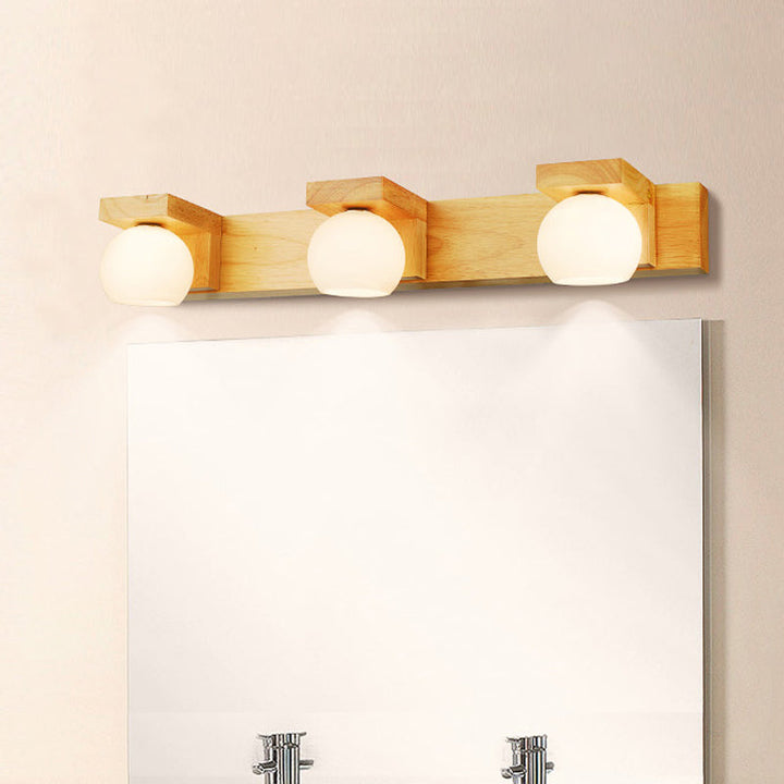 Lineare Badezimmer-Wandlampe Holz 2/3 Köpfe Nordic Wandmontage Lampe mit Ball Opalglas-Schirm