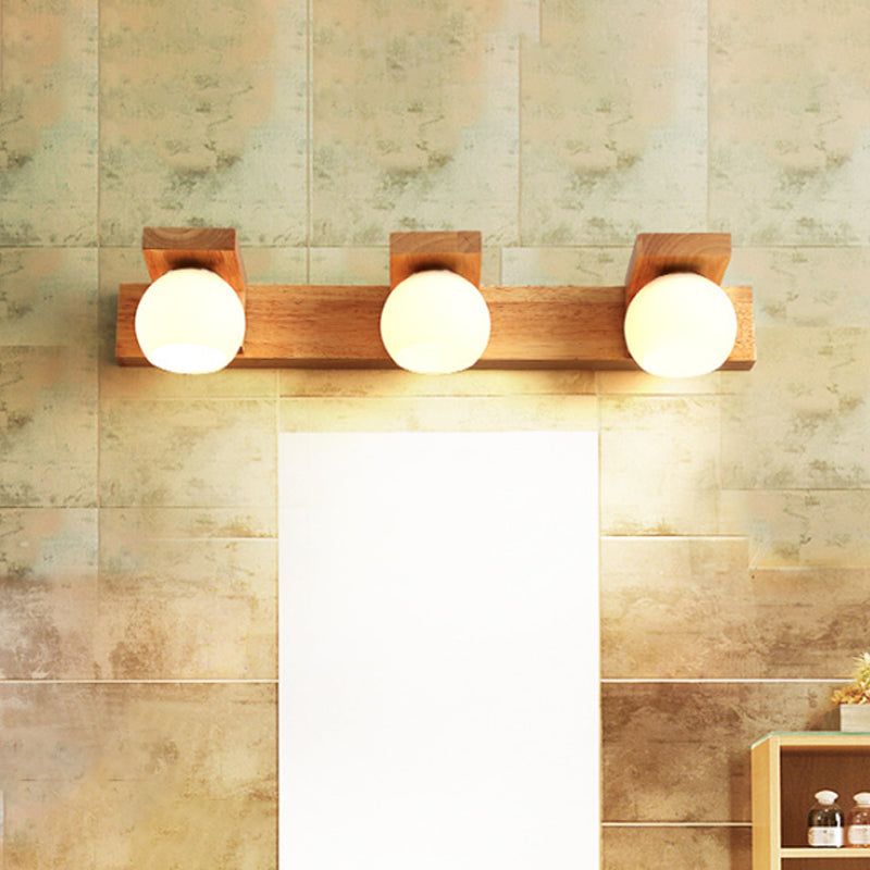 Lineare Badezimmer-Wandlampe Holz 2/3 Köpfe Nordic Wandmontage Lampe mit Ball Opalglas-Schirm