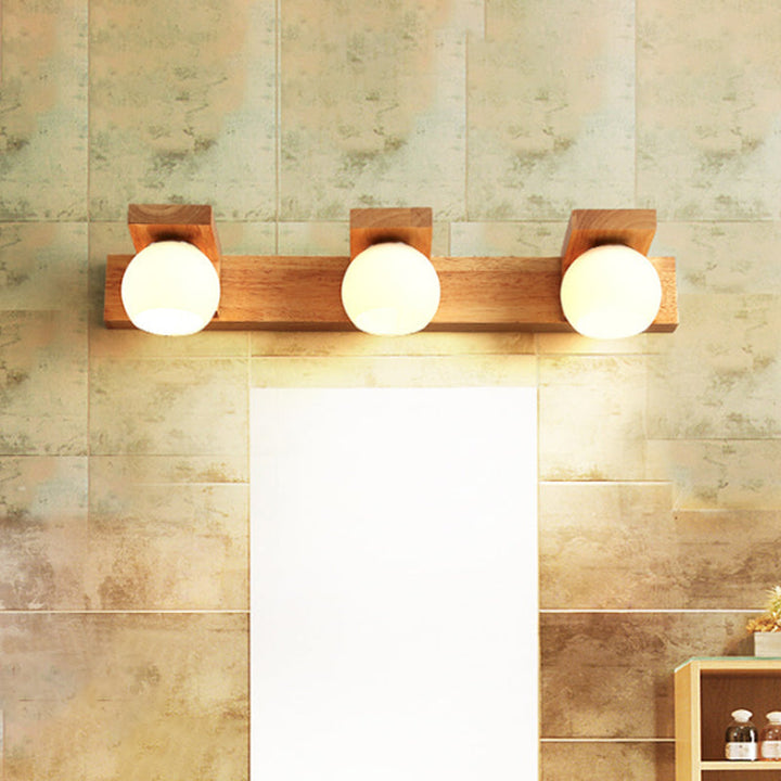 Lineare Badezimmer-Wandlampe Holz 2/3 Köpfe Nordic Wandmontage Lampe mit Ball Opalglas-Schirm