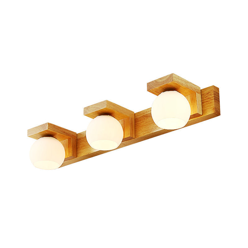 Lineare Badezimmer-Wandlampe Holz 2/3 Köpfe Nordic Wandmontage Lampe mit Ball Opalglas-Schirm