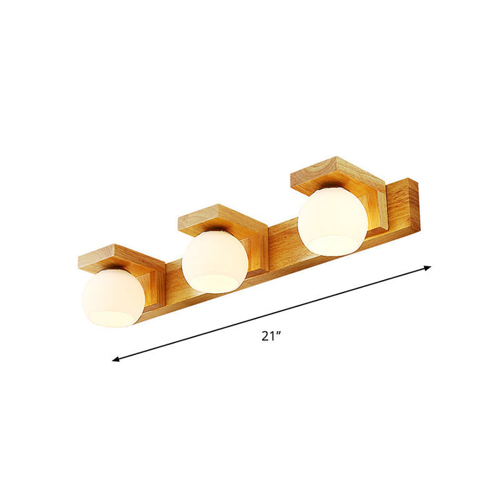 Lineare Badezimmer-Wandlampe Holz 2/3 Köpfe Nordic Wandmontage Lampe mit Ball Opalglas-Schirm