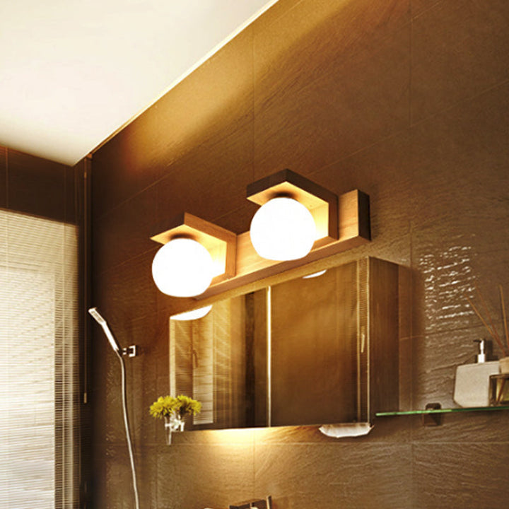 Lineare Badezimmer-Wandlampe Holz 2/3 Köpfe Nordic Wandmontage Lampe mit Ball Opalglas-Schirm