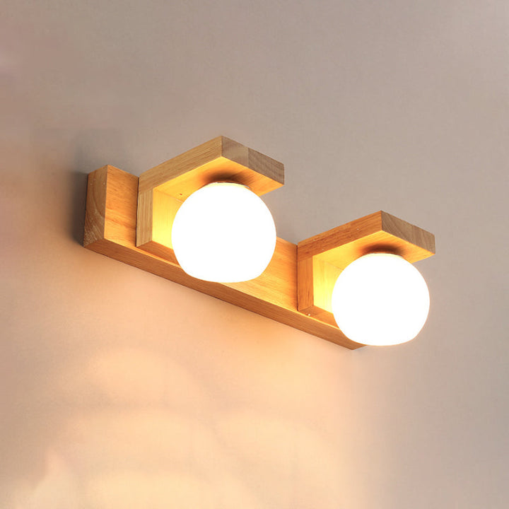 Lineare Badezimmer-Wandlampe Holz 2/3 Köpfe Nordic Wandmontage Lampe mit Ball Opalglas-Schirm