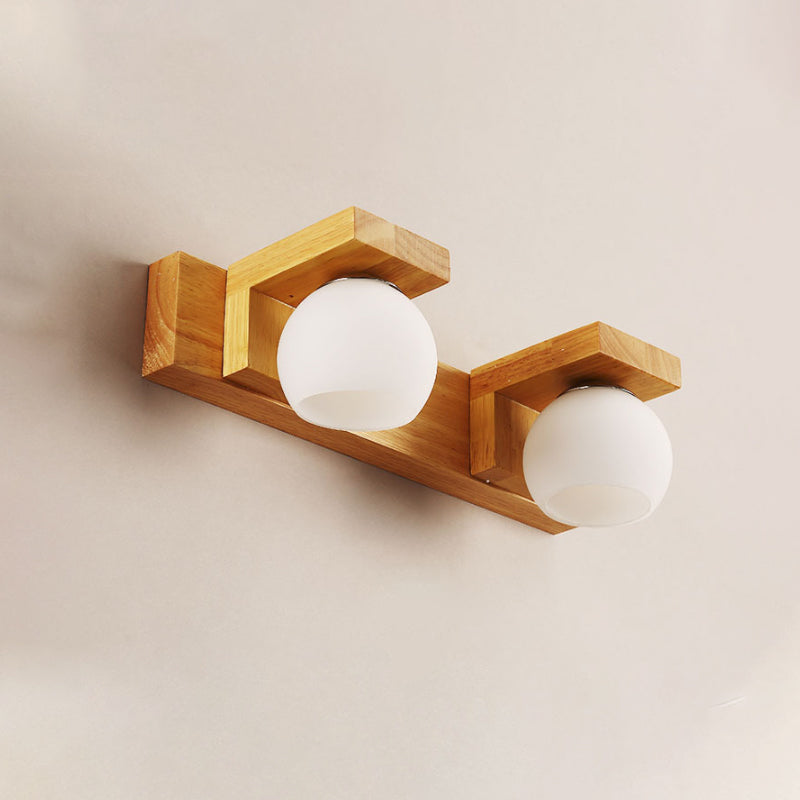 Lineare Badezimmer-Wandlampe Holz 2/3 Köpfe Nordic Wandmontage Lampe mit Ball Opalglas-Schirm