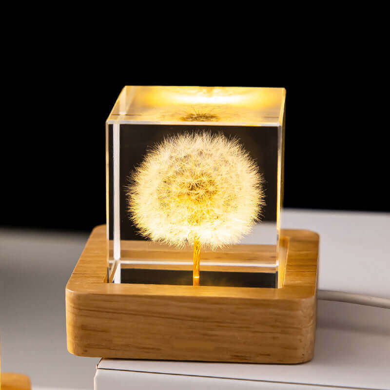 LED-Nachtlicht Blumen-Kristallkugel Kinder-Nachtlampe mit Holzsockel Schlafzimmer Ambientelicht Kreativgeschenk Nachtlicht
