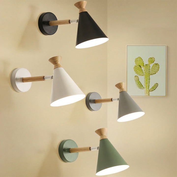 Eisen konische Wandlampe zeitgenössisch 1 Glühbirne Wandbeleuchtung Ideen mit Holzoberteil