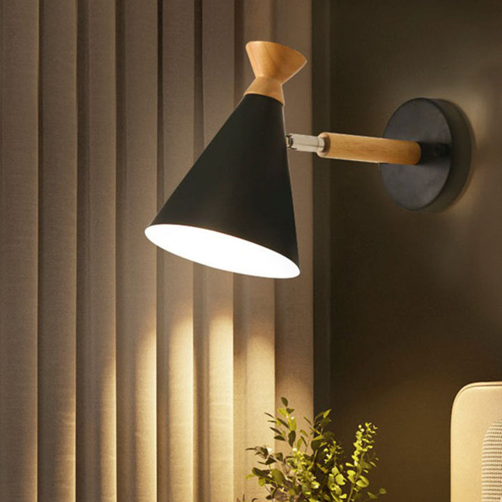 Eisen konische Wandlampe zeitgenössisch 1 Glühbirne Wandbeleuchtung Ideen mit Holzoberteil