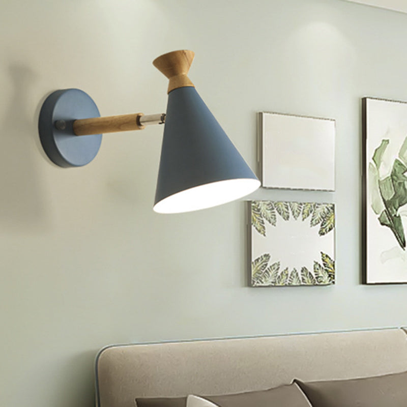 Eisen konische Wandlampe zeitgenössisch 1 Glühbirne Wandbeleuchtung Ideen mit Holzoberteil