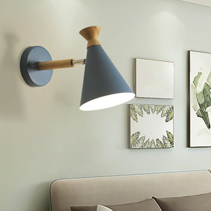 Eisen konische Wandlampe zeitgenössisch 1 Glühbirne Wandbeleuchtung Ideen mit Holzoberteil