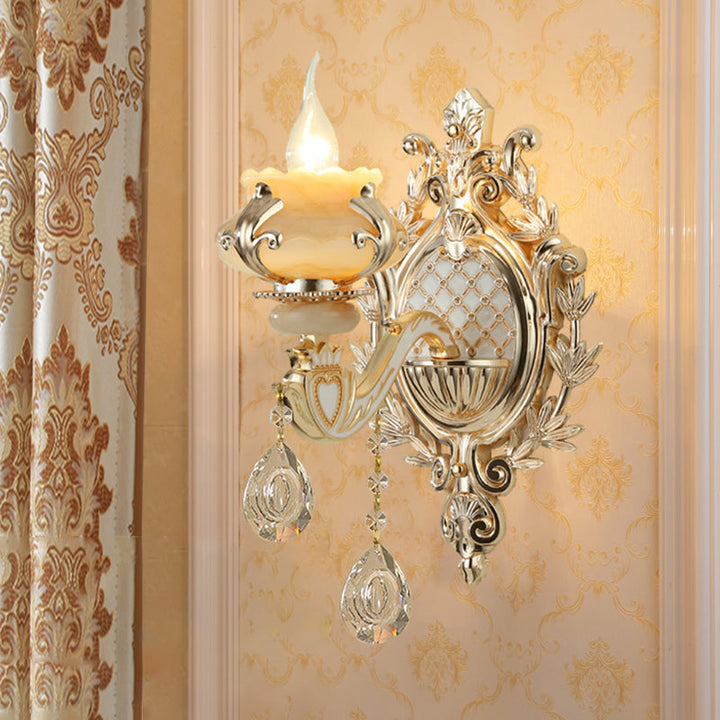 Jade Floral Wandlicht Antike Wohnzimmer Wandbeleuchtung mit hängendem Kristall in Gold