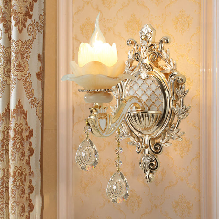 Jade Floral Wandlicht Antike Wohnzimmer Wandbeleuchtung mit hängendem Kristall in Gold