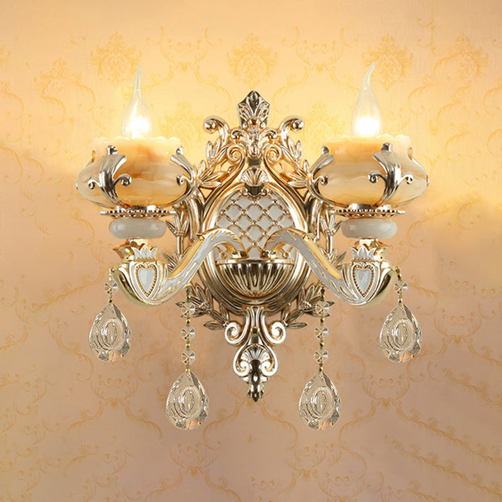 Jade Floral Wandlicht Antike Wohnzimmer Wandbeleuchtung mit hängendem Kristall in Gold