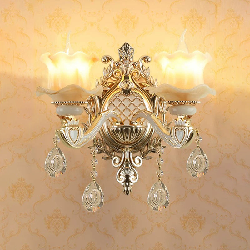 Jade Floral Wandlicht Antike Wohnzimmer Wandbeleuchtung mit hängendem Kristall in Gold