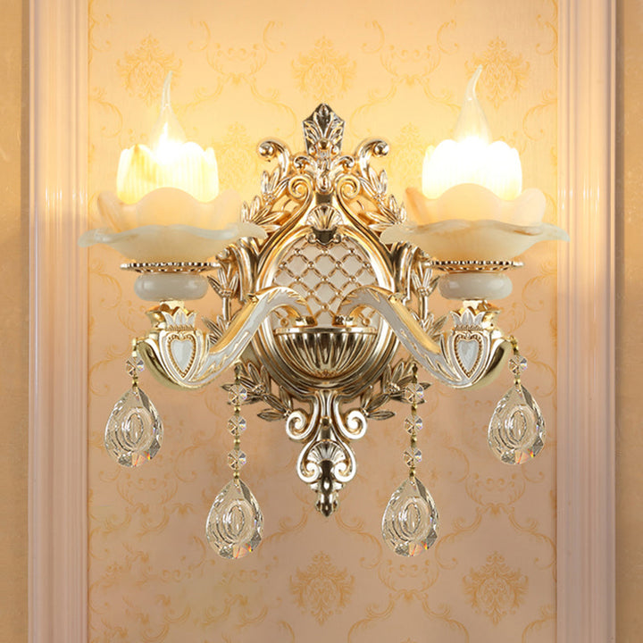 Jade Floral Wandlicht Antike Wohnzimmer Wandbeleuchtung mit hängendem Kristall in Gold