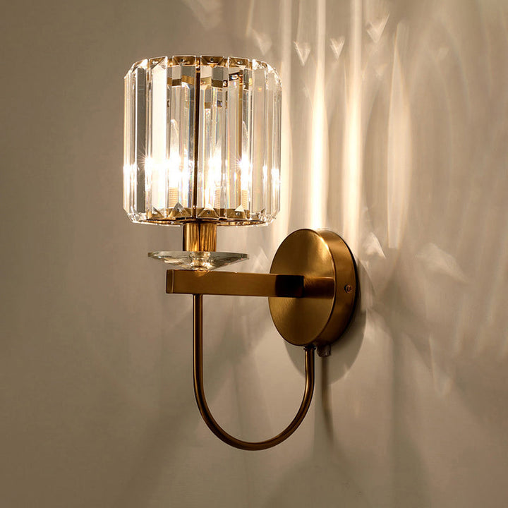 Zylindrische Kristall Wandbeleuchtung Postmodern 1 Kopf Goldfinish Wandleuchte mit gebogenem Arm