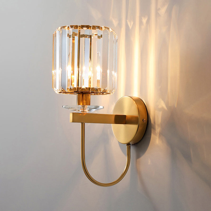 Zylindrische Kristall Wandbeleuchtung Postmodern 1 Kopf Goldfinish Wandleuchte mit gebogenem Arm
