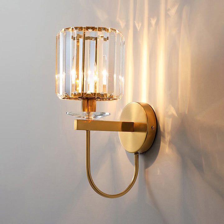 Zylindrische Kristall Wandbeleuchtung Postmodern 1 Kopf Goldfinish Wandleuchte mit gebogenem Arm
