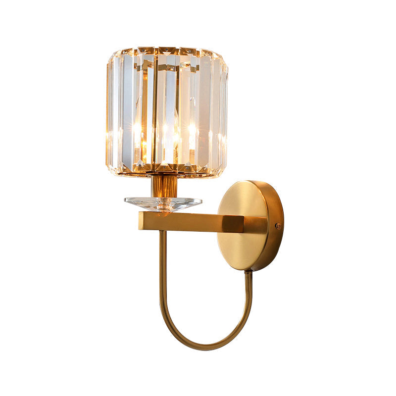 Zylindrische Kristall Wandbeleuchtung Postmodern 1 Kopf Goldfinish Wandleuchte mit gebogenem Arm