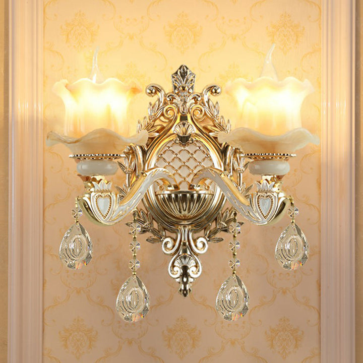 Jade Wandmontage Licht Traditionell Beige Blume Flur Wandschalter mit Kristall Anhänger