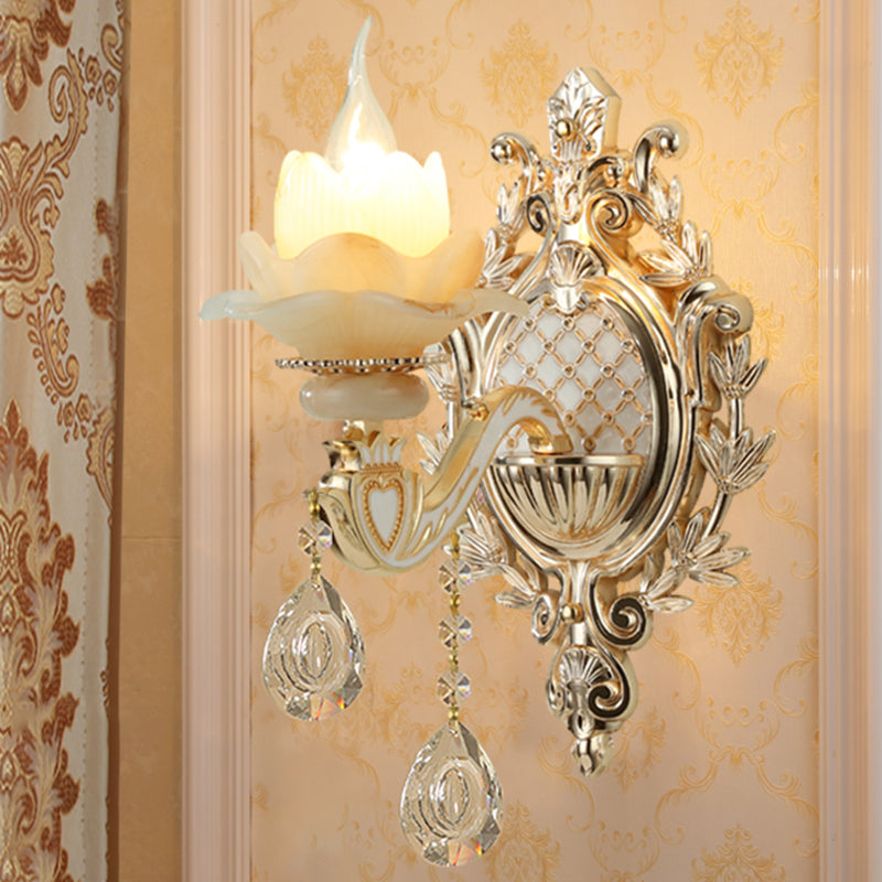 Jade Wandmontage Licht Traditionell Beige Blume Flur Wandschalter mit Kristall Anhänger