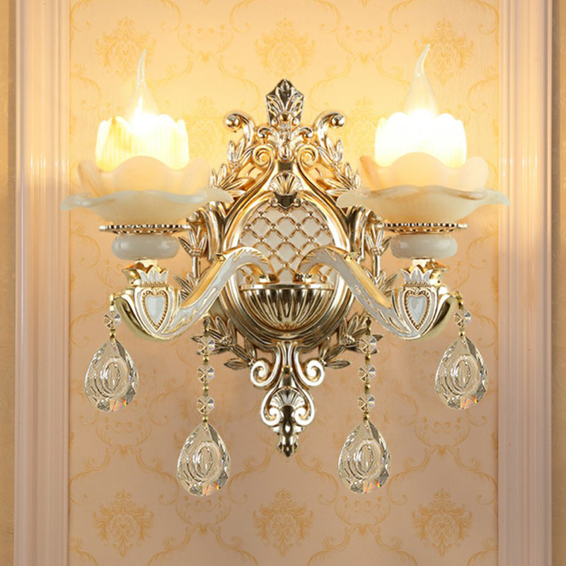 Jade Wandmontage Licht Traditionell Beige Blume Flur Wandschalter mit Kristall Anhänger