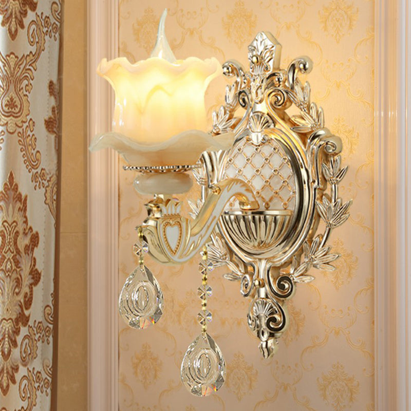 Jade Wandmontage Licht Traditionell Beige Blume Flur Wandschalter mit Kristall Anhänger