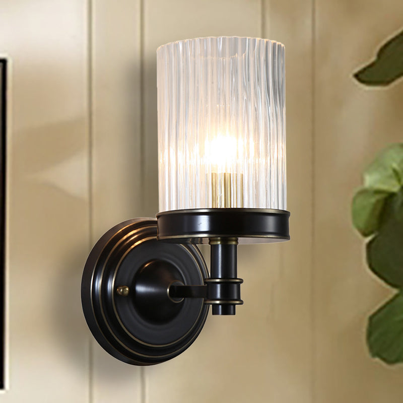 Zylindrige Wandleuchte Vintage Stylisch Klare Geriffelte Glas 1 Glühbirne Schwarz/Gold Finish Wandleuchte für Wohnzimmer