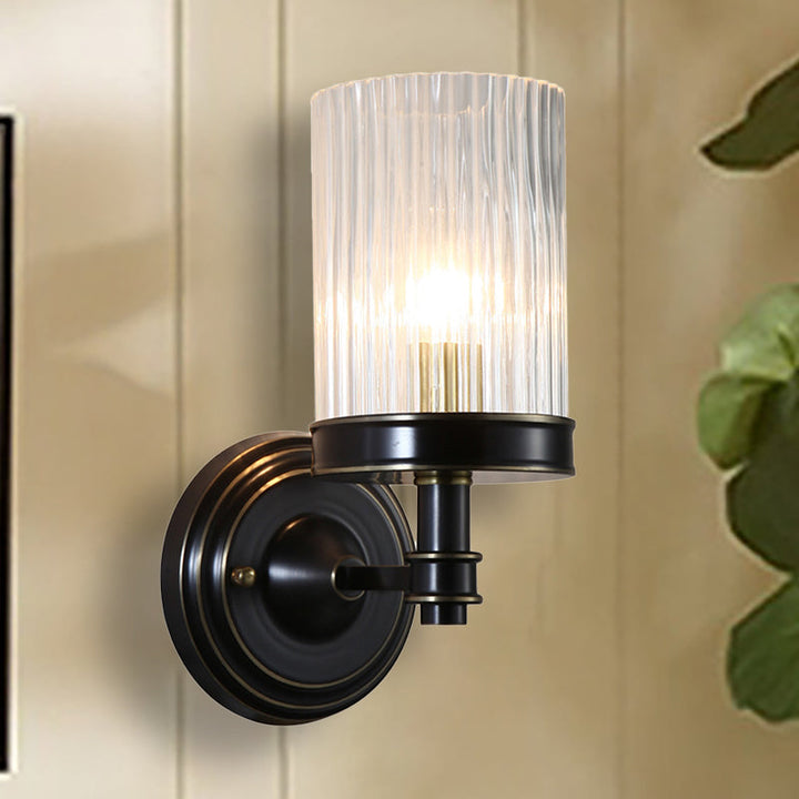 Zylindrige Wandleuchte Vintage Stylisch Klare Geriffelte Glas 1 Glühbirne Schwarz/Gold Finish Wandleuchte für Wohnzimmer