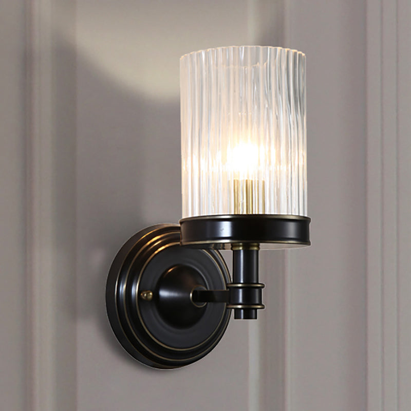 Zylindrige Wandleuchte Vintage Stylisch Klare Geriffelte Glas 1 Glühbirne Schwarz/Gold Finish Wandleuchte für Wohnzimmer