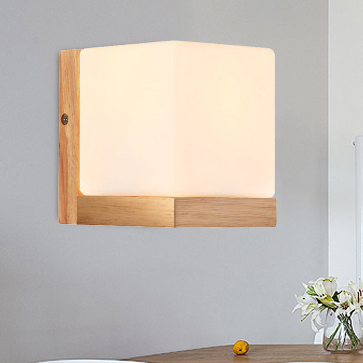 Hotel Restaurant Cube Wandlampe Opalglas Holz 1 Licht Japanischer Stil Weiße Wandlampe