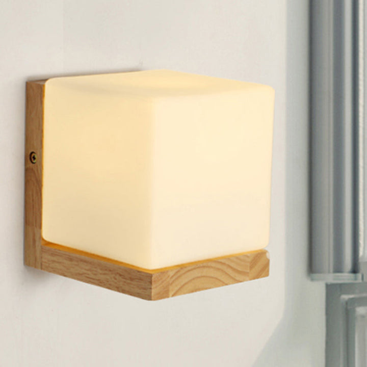 Hotel Restaurant Cube Wandlampe Opalglas Holz 1 Licht Japanischer Stil Weiße Wandlampe