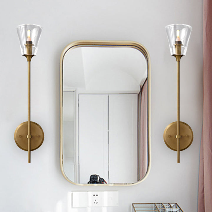 Schwarz/Brass Finish Bleistiftarm Wandleuchte Vintage Metallic 1/2 Glühbirnen Wandleuchte mit klarem konischem Glasschirm