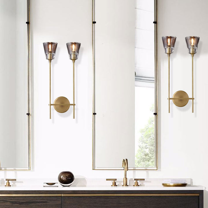 Schwarz/Brass Finish Bleistiftarm Wandleuchte Vintage Metallic 1/2 Glühbirnen Wandleuchte mit klarem konischem Glasschirm