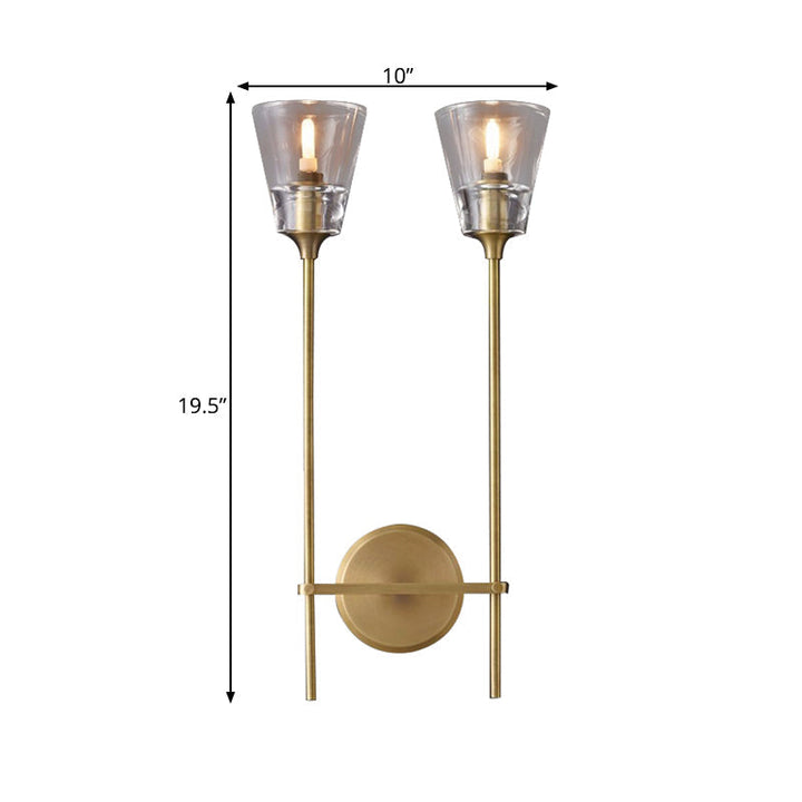Schwarz/Brass Finish Bleistiftarm Wandleuchte Vintage Metallic 1/2 Glühbirnen Wandleuchte mit klarem konischem Glasschirm
