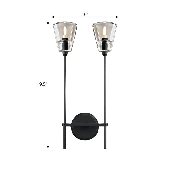 Schwarz/Brass Finish Bleistiftarm Wandleuchte Vintage Metallic 1/2 Glühbirnen Wandleuchte mit klarem konischem Glasschirm