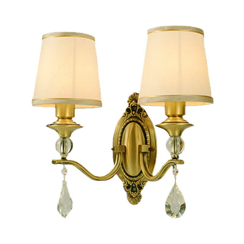 Traditionell Konische Wandmontage Lampe 1/2 Köpfe Stoff Wandstrahler Beleuchtung in Gold mit hängendem Kristall