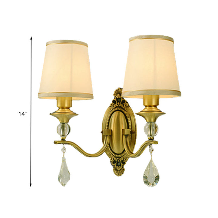 Traditionell Konische Wandmontage Lampe 1/2 Köpfe Stoff Wandstrahler Beleuchtung in Gold mit hängendem Kristall